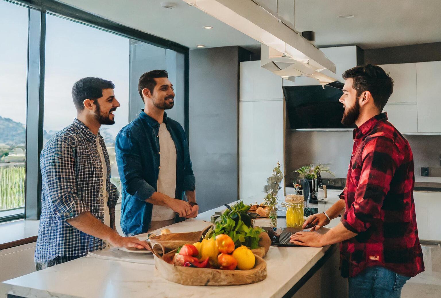 Men sharing conversation in a welcoming kitchen